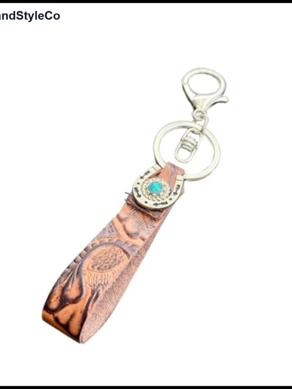 Embossed Cowhide Leather Western Keychain Wristlet Turquoise Horseshoe
